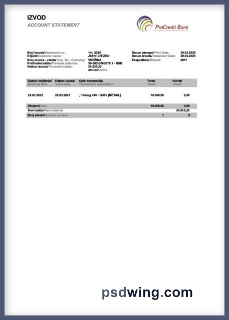 Slovenia ProCredit Bank Account Statement (Word)